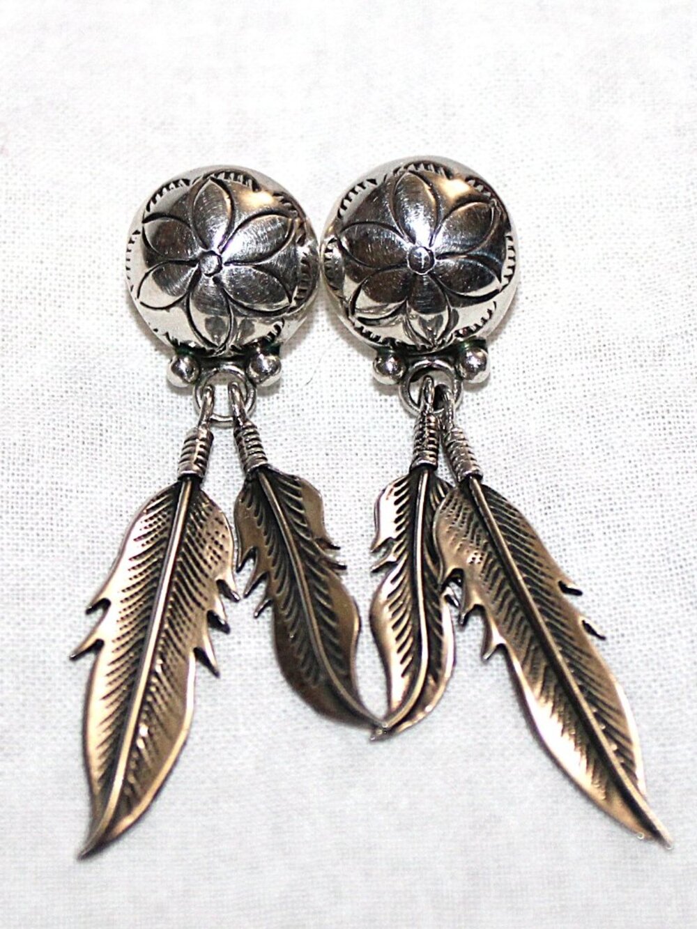 Vintage Sterling Silver Floral & Feather Concho Dangle Earrings